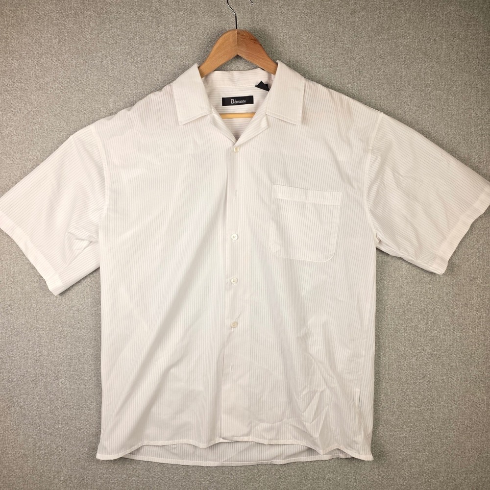 Grunged Vintage 90s Mens White Short Sleeve Button Up Camp Shirt Large